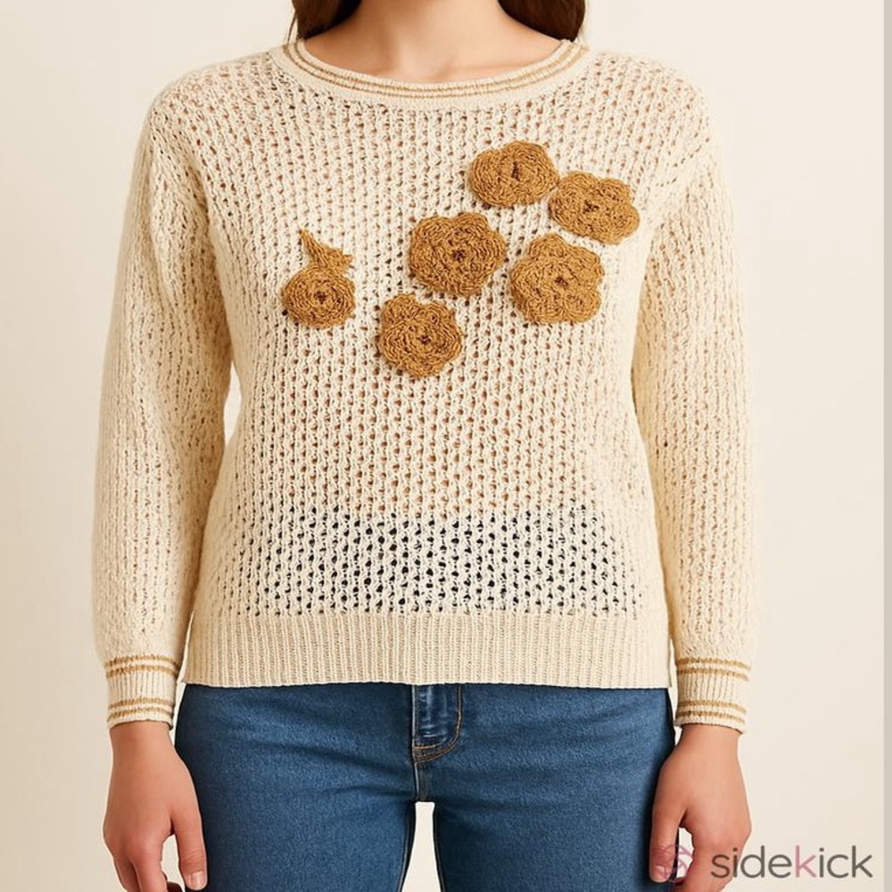 Mariea Kim Cream Crochet Gold Embroidery SZ S Shabby Chic Romantic Boho Sweater